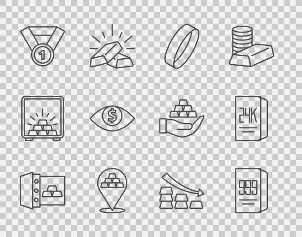 设置行安全与金条，黄金24k，戒指，奖牌，眼睛美元，下降的箭头和图标。向量图片下载