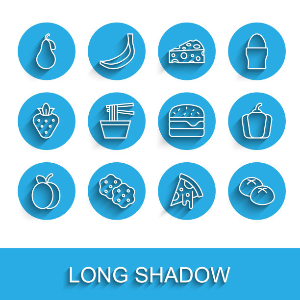 设置李子，饼干，梨，披萨，面包，亚洲面条，柿子椒和汉堡图标。向量图片下载