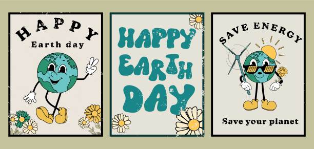 一套地球日，节约能源的海报在时尚的复古卡通风格，groovy 70年代的旗帜收集与替代能源，电能，风力涡轮机，字母，文字，星球吉祥物。图片下载