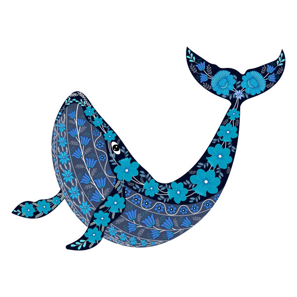 可爱的鲸鱼在花朵孤立的白色背景图片下载