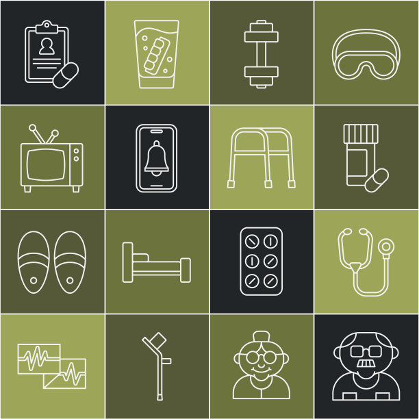 设定线爷爷，听诊器，药瓶药片，哑铃，紧急电话，复古电视，医疗处方和沃克图标。向量图片下载