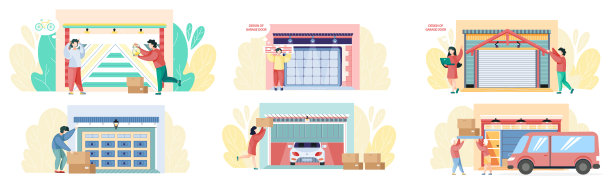一组关于人们把旧东西运到车库，寻找储存地方的插图图片下载