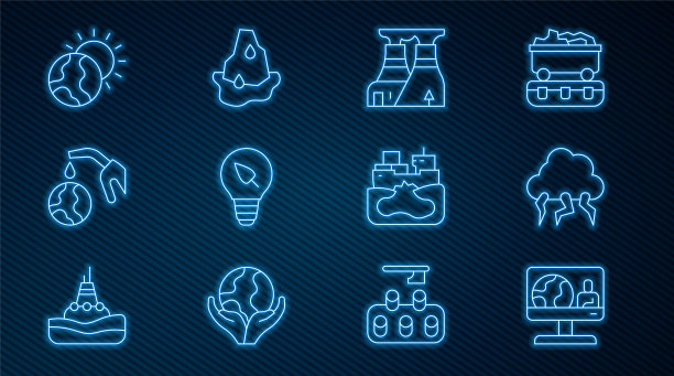 集线天气预报，风暴，核电站，灯泡与叶，气泵喷嘴和全球，全球变暖，沉船油轮和冰川融化的图标。向量图片下载