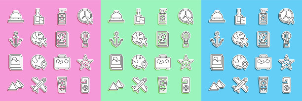 设置线路请不要打扰，海星，热气球，防晒喷雾瓶，有飞行飞机的地球仪，锚，酒店服务钟和护照图标。向量图片下载