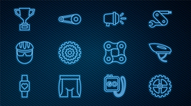 设置线自行车链轮曲柄，头盔，头灯，卡带，奖励杯与自行车，链条和齿轮图标。向量图片下载