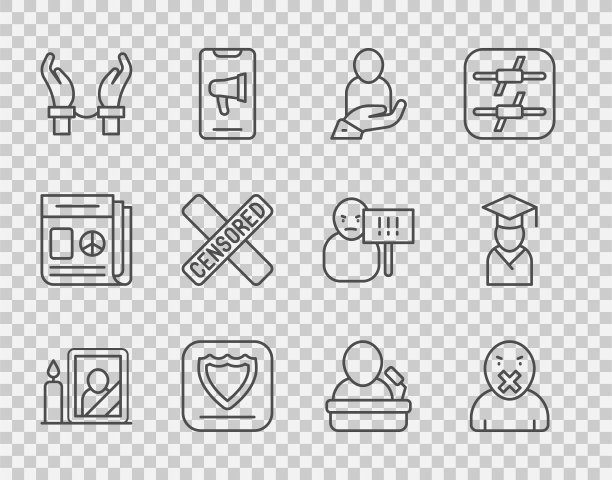 集行哀悼相框，审查和言论自由，人寿保险手，盾牌，手铐在手罪犯，审查印章，演讲者和毕业生毕业帽图标。向量图片下载