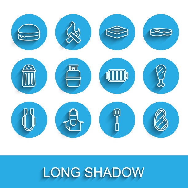 设置线肉钳，厨房围裙，汉堡，烧烤锅铲，牛排肉，丙烷气罐，鸡腿和烧烤图标。向量图片下载