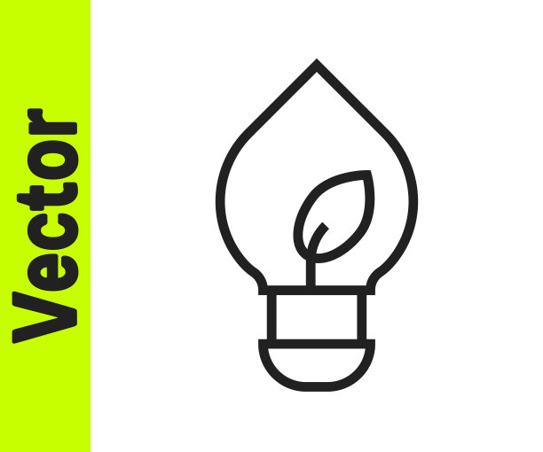 黑线灯泡与叶图标孤立在白色背景。生态能源概念。替代能源的概念。向量图片下载