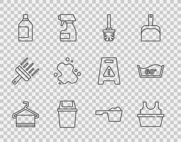 设置晾衣架上的毛巾，带衬衫的盆，厕所刷，垃圾桶，清洁剂瓶，水溢出，洗衣粉和温度洗涤图标。向量图片下载