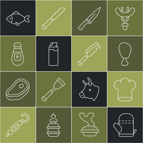 设置线烤箱手套，厨师帽子，鸡腿，肉直升机，打火机，胡椒，鱼和图标。向量图片下载