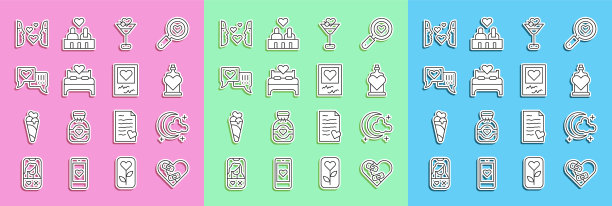集线愈合破碎的心，月亮和星星，瓶与爱药水，马提尼杯，卧室，心言语泡，一见钟情和相框心形图标。向量图片下载