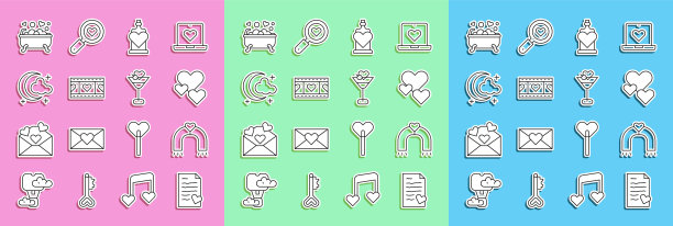 集线信封与情人节心，爱磁铁，心脏，瓶爱情药水，播放视频，月亮和星星，浪漫浴室和马提尼玻璃图标。向量图片下载