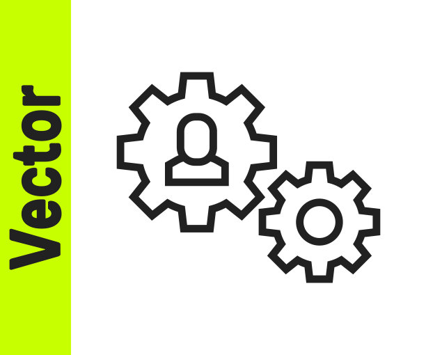 黑线人与齿轮图标隔离在白色背景。人工智能。思考的大脑信号。大脑的符号工作。向量图片下载