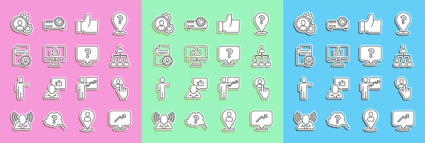 设置线形图，时间表，图表，猎头，层级组织图，手，简历和问号图标。向量图片下载