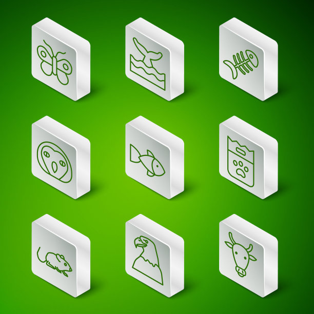 设定线牛头，鹰，蝴蝶，鱼，猫头鹰鸟，鲸鱼尾巴在海浪，老鼠和袋的食物图标。向量图片下载