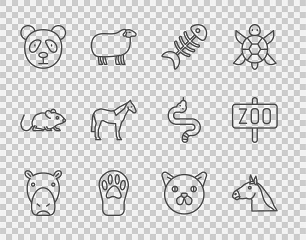 设定线河马或河马，马头，鱼骨架，爪印，可爱的熊猫脸，猫和动物园公园图标。向量图片下载