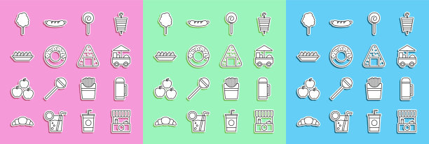 集线街头摊位与遮阳篷，保温瓶容器，快速街头食品车，棒棒糖，甜甜圈，玉米片盘，棉花糖和饭团图标。向量图片下载