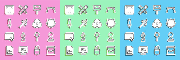 设置线条油漆桶、邮票、贝塞尔曲线圈、画笔、魔棒、记号笔、文字和RGB CMYK调色图标。向量图片下载