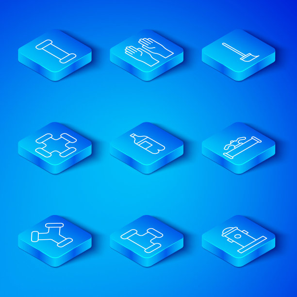 集线工业金属管，瓶装水，和阀门，拖把，和消火栓图标。向量图片下载