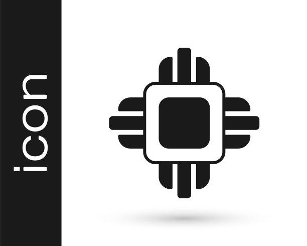 黑色计算机处理器与微电路CPU图标隔离在白色背景。芯片或cpu与电路板。微处理器。向量图片下载