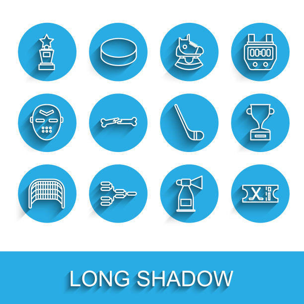 设置线冰球球门，锦标赛支架，奖杯，空气喇叭，冰球运动门票，人类骨折，棍图标。向量图片下载