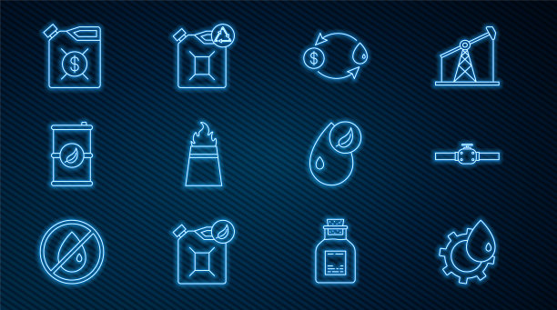 设置线石油工业厂房，工业管道和阀门，交换，钻机与火，生物燃料桶，罐电机机油，和生态罐图标。向量图片下载