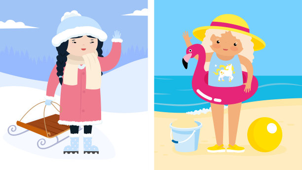 两个可爱的小女孩穿着冬装在海滩上。图片下载