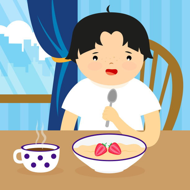 小男孩正在吃早餐。矢量图图片下载