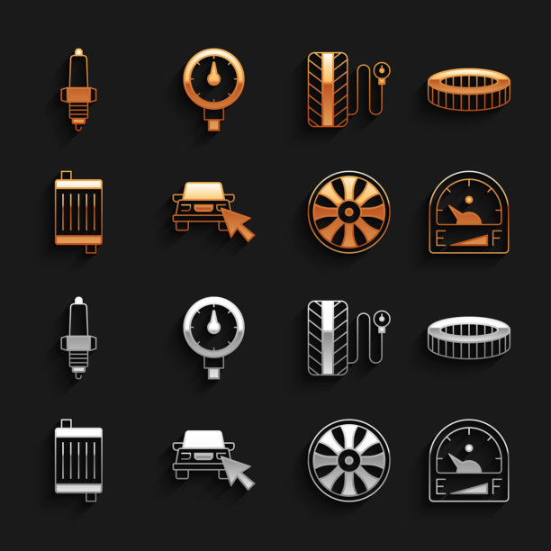 设置在线汽车共享，汽车空气过滤器，汽车燃气表，合金车轮，散热器冷却系统，轮胎压力，火花塞和图标。向量图片下载