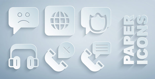 设置拒绝或未接电话，语音泡泡聊天，耳机，电话交谈，全球和悲伤的微笑图标。向量图片下载