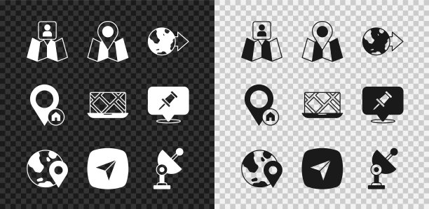 设置折叠地图与位置标记，位置全球，城市导航，雷达，房子和图标。向量图片下载