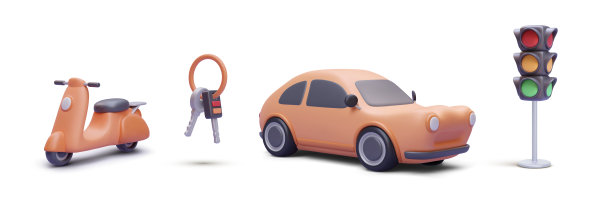 一套三维现实滑板车，钥匙，汽车，红绿灯孤立在白色背景。矢量图图片下载