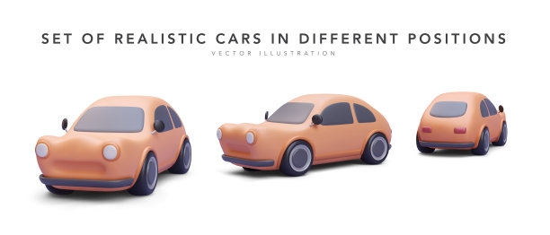 一套三维现实汽车在不同的位置与阴影隔离在白色背景。矢量图图片下载