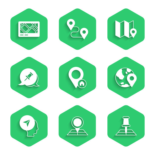 设置位置与房子，折叠地图位置标记，全球，地图人，推销，和Gps设备图标。向量图片下载