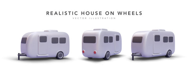 一套三维现实的房子在车轮上的阴影孤立在白色背景。矢量图图片下载