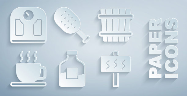 设置瓶伏特加，桑拿桶，杯茶，刷子和浴室秤图标。向量图片下载