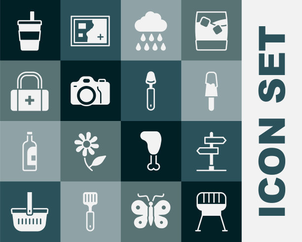 设置烧烤架，道路交通标志，冰淇淋，云与雨，相机，急救箱，纸玻璃水和勺子图标。向量图片下载