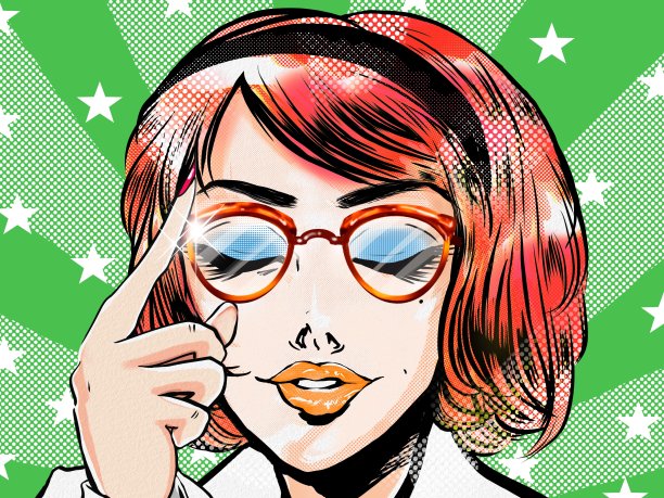 一位漂亮的红发美国秘书微笑着把眼镜戴回60年代美国连环漫画的风格。图片下载