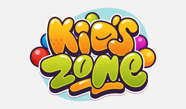 儿童区标志设计在有趣的卡通风格。儿童区域标签设计与漫画泡泡字母。理想的贴纸，招牌，网站，海报，印刷。图片下载