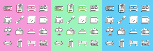 集行招牌与文本酒店，博物馆建筑，钱包，大床，桨，房车露营拖车，机票和照片图标。向量图片下载