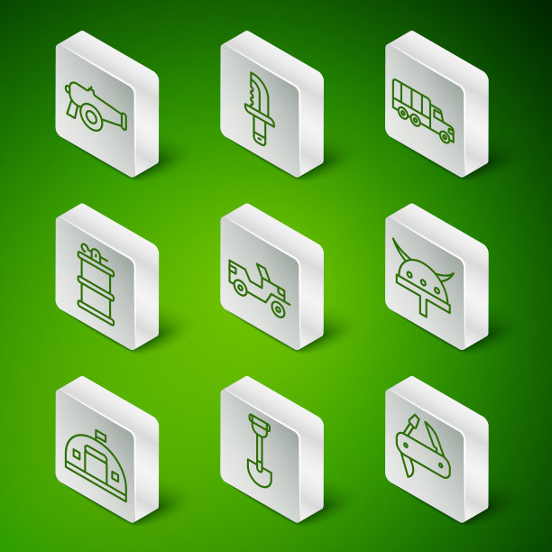 集线瑞士军刀，工兵铲，大炮，军车，手烟雾手榴弹，兵营和海盗在角盔图标。向量图片下载