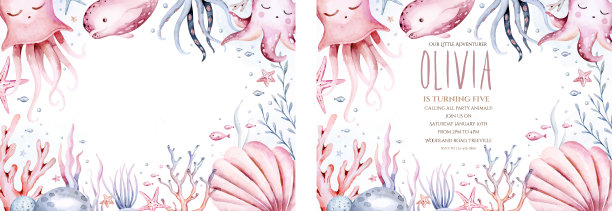 水下婴儿淋浴模板。蓝色水彩海底鱼，海龟，鲸鱼和珊瑚。贝壳水族馆背景。航海浮潜，海豚潜水海洋插画，水母，海星图片下载