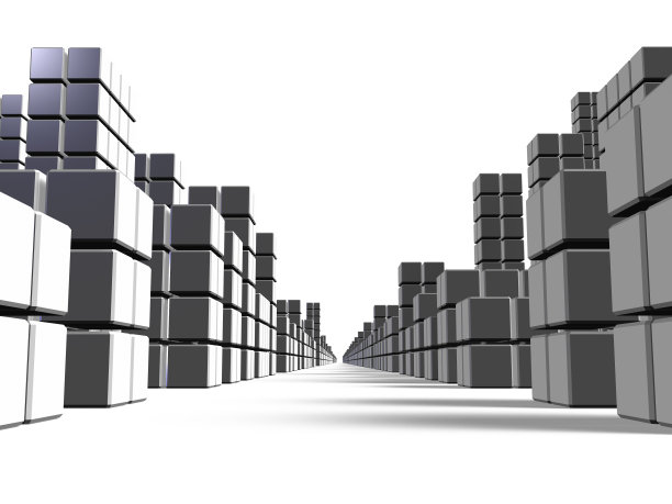 由街区组成的城市景观。从路上的低处看。一个抽象的概念，代表一个有许多建筑物的城市。消失点。3 d渲染。白色背景。图片下载