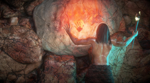 史前石器时代的尼安德特人绘制岩石艺术3d渲染图片下载