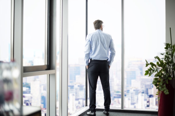 后视图一个思考商人站在一个玻璃办公室，透过窗户看图片下载