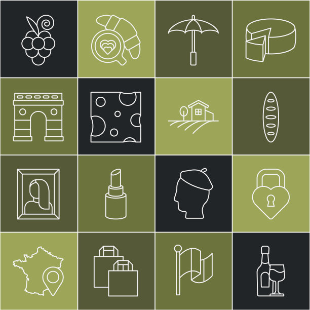 设线酒杯，心形城堡，法式法棍面包，沙滩雨伞，奶酪，凯旋门，葡萄果实和村庄景观图标。向量图片下载