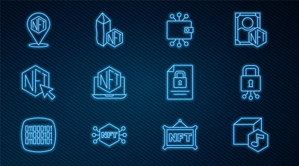 集线NFT数字加密艺术，网络安全，加密货币钱包，笔记本电脑与商店应用程序，文件和锁和图标。向量图片下载