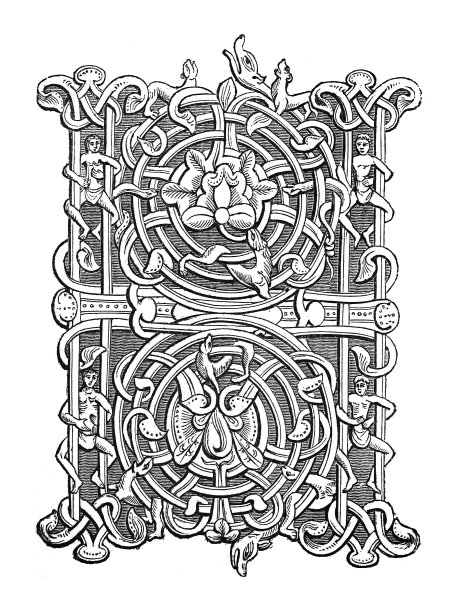 中世纪照明字母“H”-装饰装饰(12世纪)-古董雕刻插图图片下载