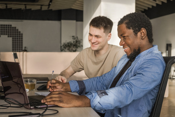 在一家软件开发公司的办公室里工作的两个面带微笑的程序员。编码技术，网站设计。成功的多元化团队合作。网络空间的概念。图片下载