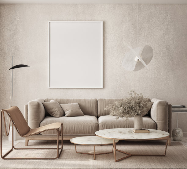 客厅墙上的海报框架模型。现代设计的豪华公寓背景。现代室内设计。3D渲染，3D插图。图片下载